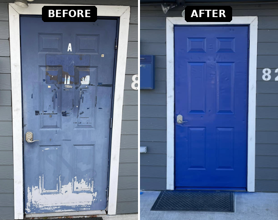 this old steel door needed paint but we first sand blasted it to remove old paint and prepare the surface